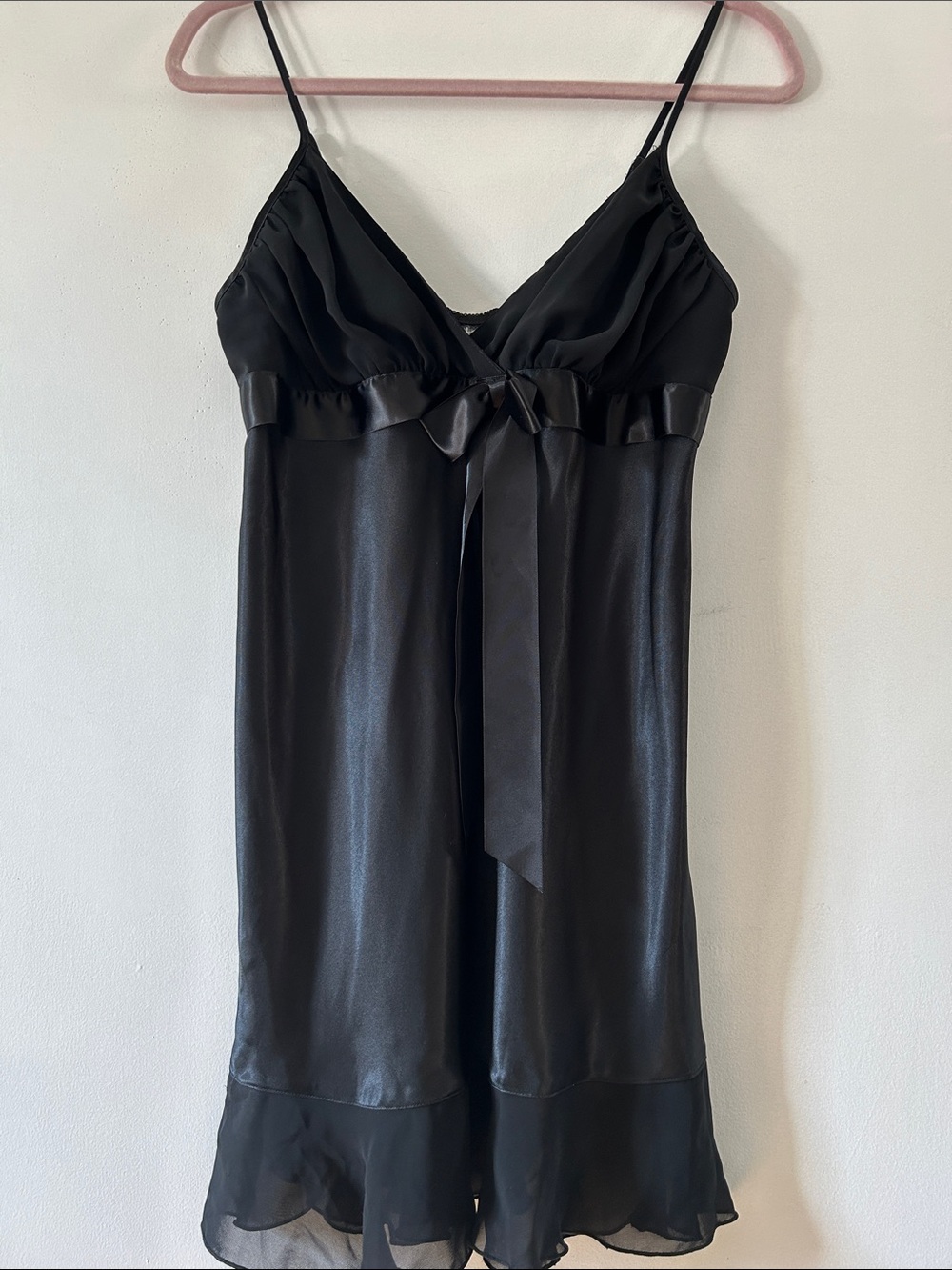 Cinema Etoile Black Satin Slip Dress Mini Ruffle Hem Cocktail LBD Bow Size M